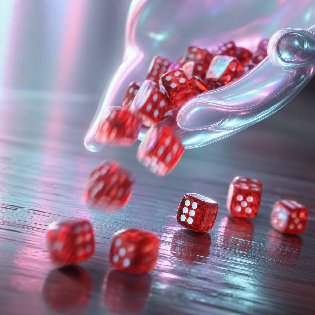 Iridescent dice in motion over holographic surface